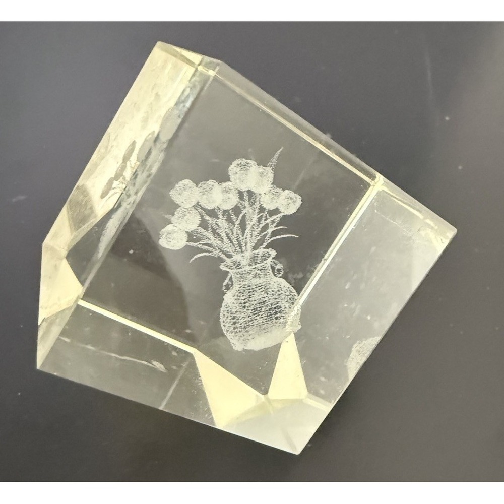 Glass Paperweight Vase Flowers Small Laser Engraved 1.5" Square Clear 3D